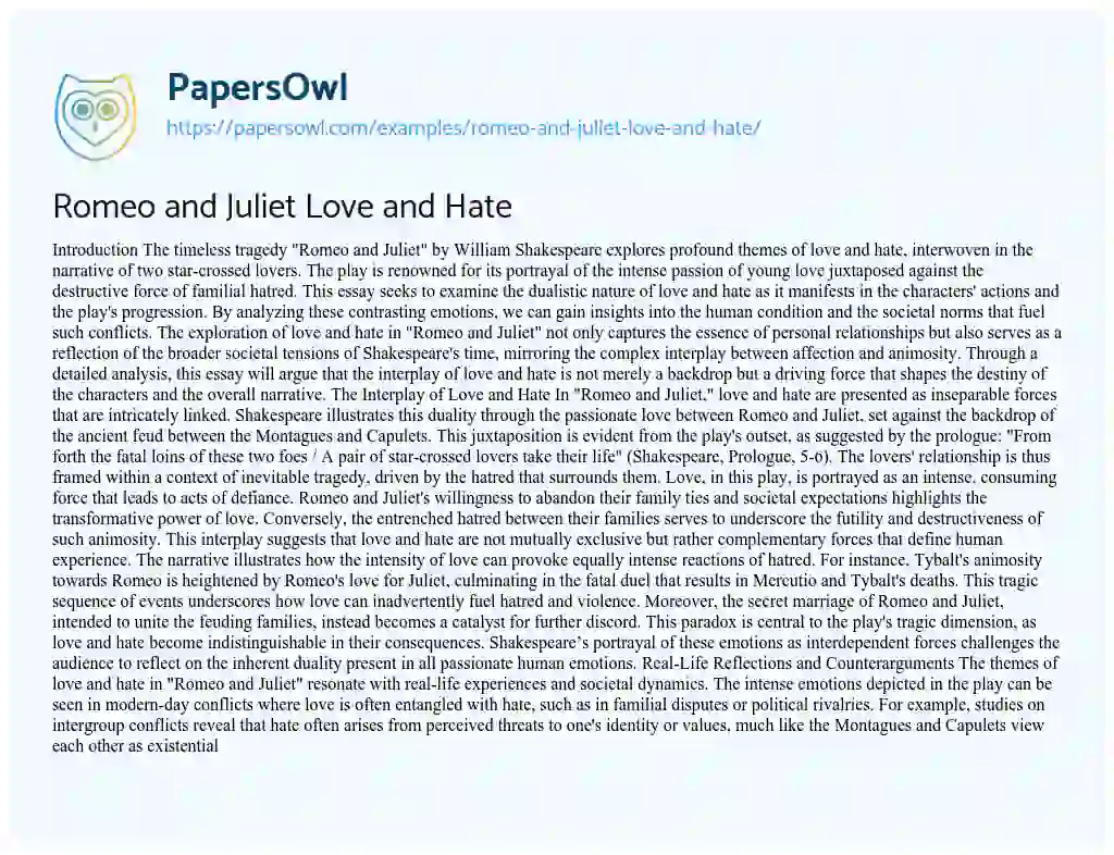 Essay on Romeo and Juliet Love and Hate