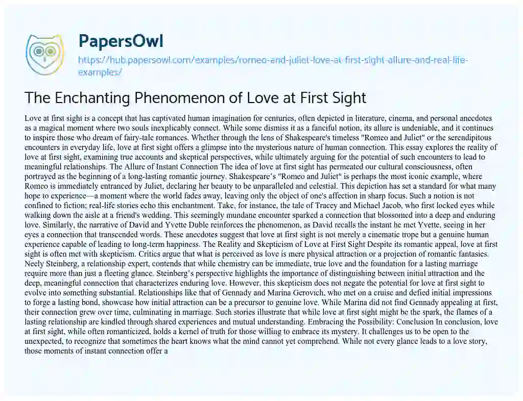 Essay on The Enchanting Phenomenon of Love at First Sight