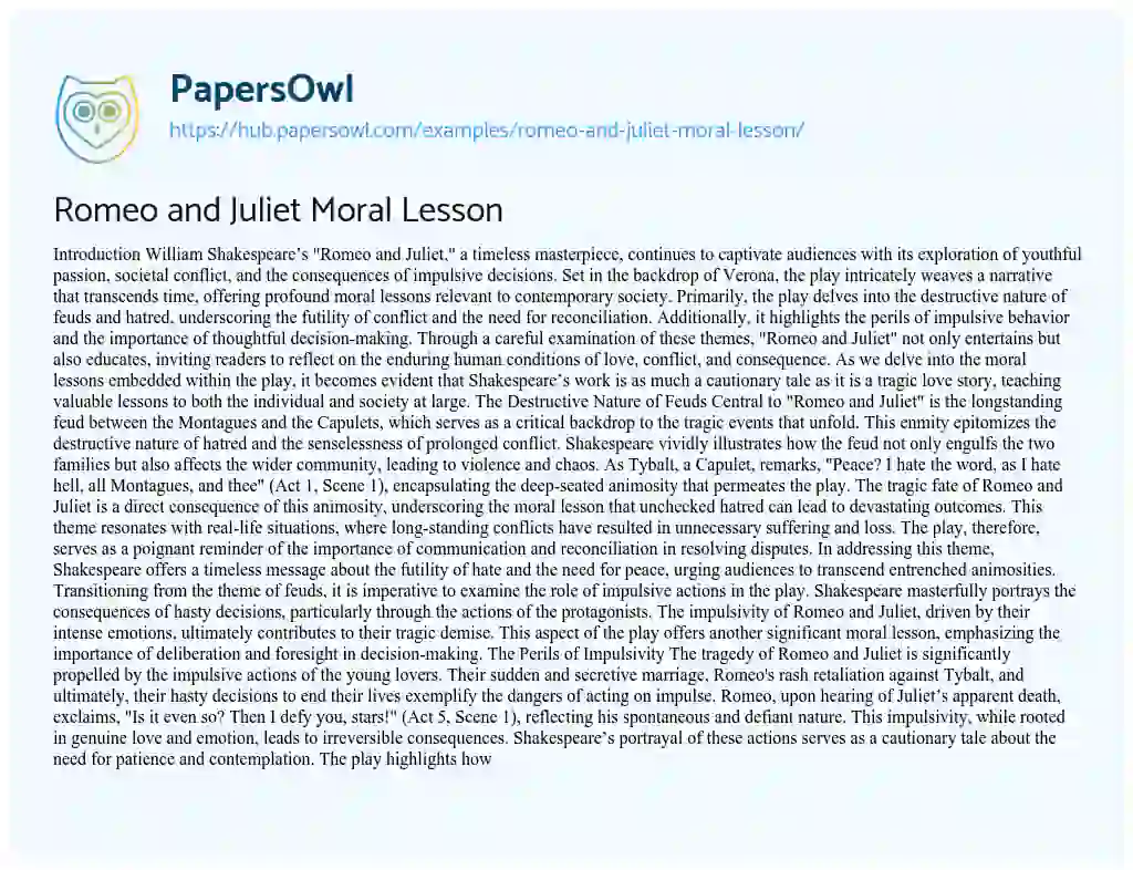 Essay on Romeo and Juliet Moral Lesson