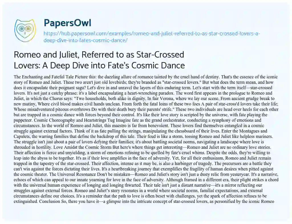 Essay on Romeo and Juliet, Referred to as Star-Crossed Lovers: A Deep Dive into Fate’s Cosmic Dance