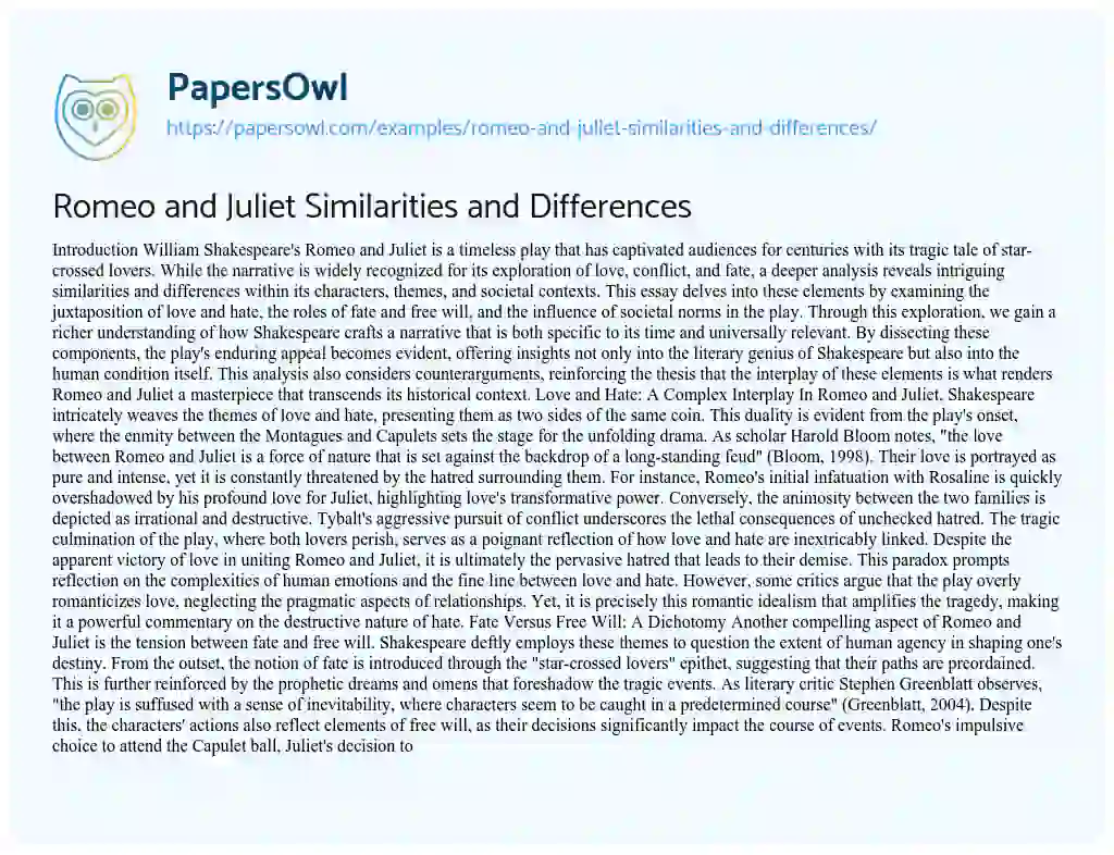 Essay on Romeo and Juliet Similarities and Differences