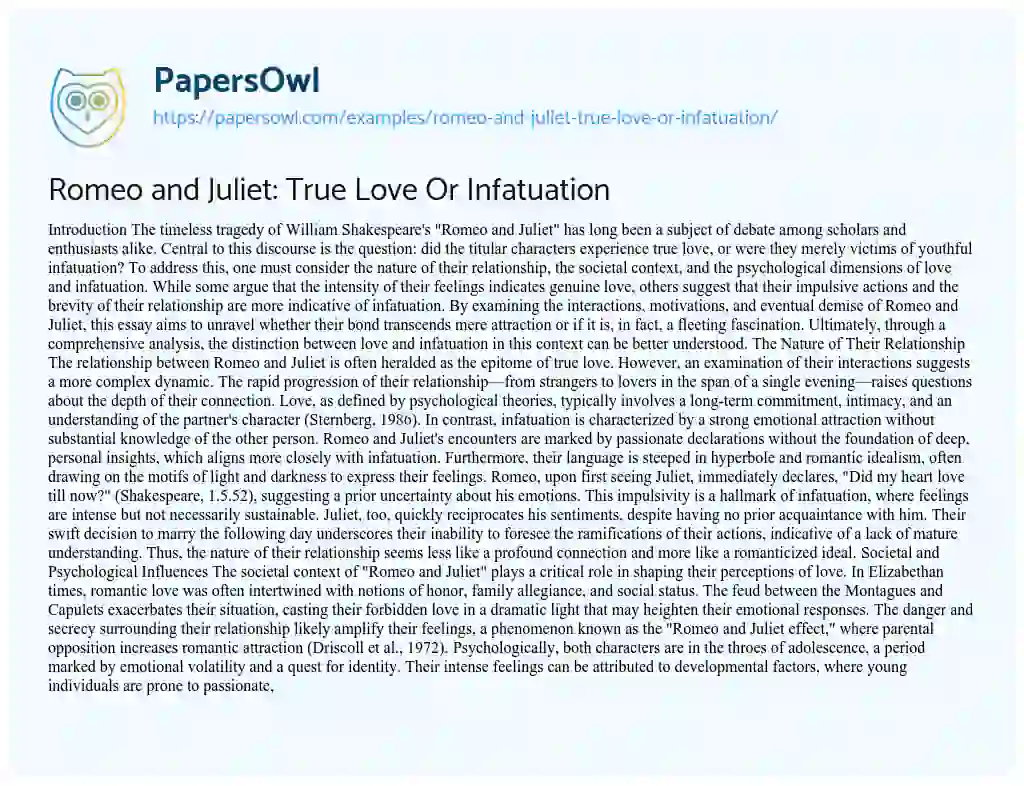 Essay on Romeo and Juliet: True Love Or Infatuation