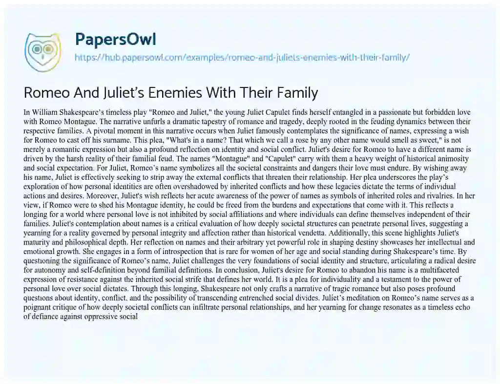 Essay on Romeo And Juliet’s Enemies With Their Family