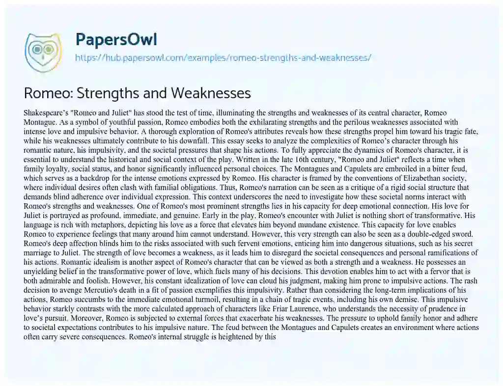 Essay on Romeo: Strengths and Weaknesses
