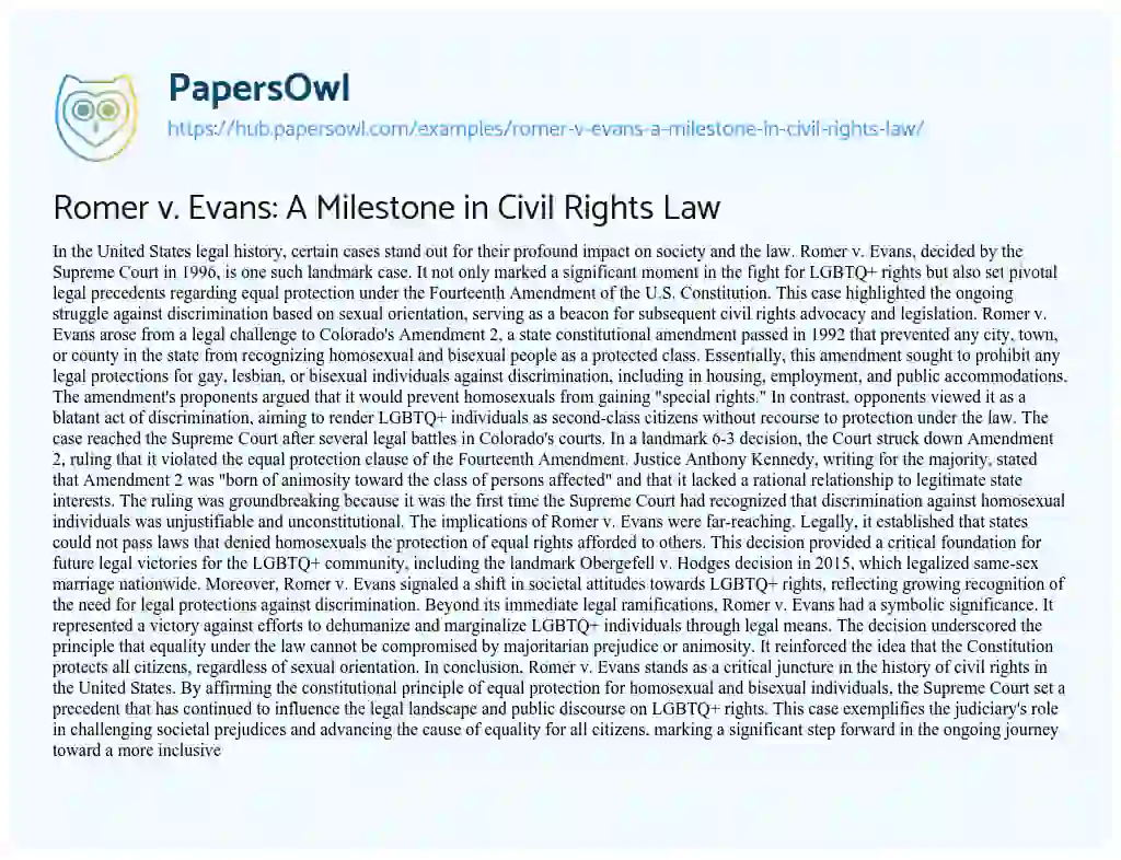 Essay on Romer v. Evans: A Milestone in Civil Rights Law