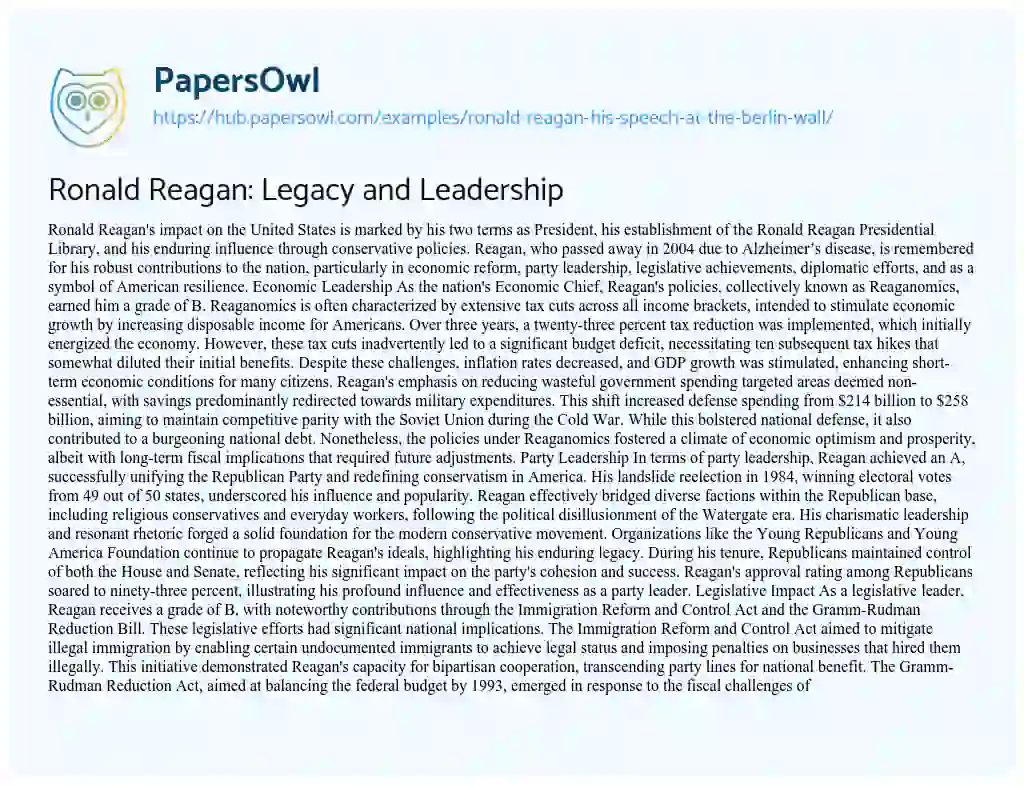 Essay on Ronald Reagan: Legacy and Leadership