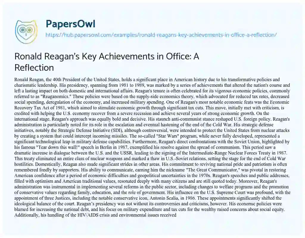 Essay on Ronald Reagan’s Key Achievements in Office: A Reflection