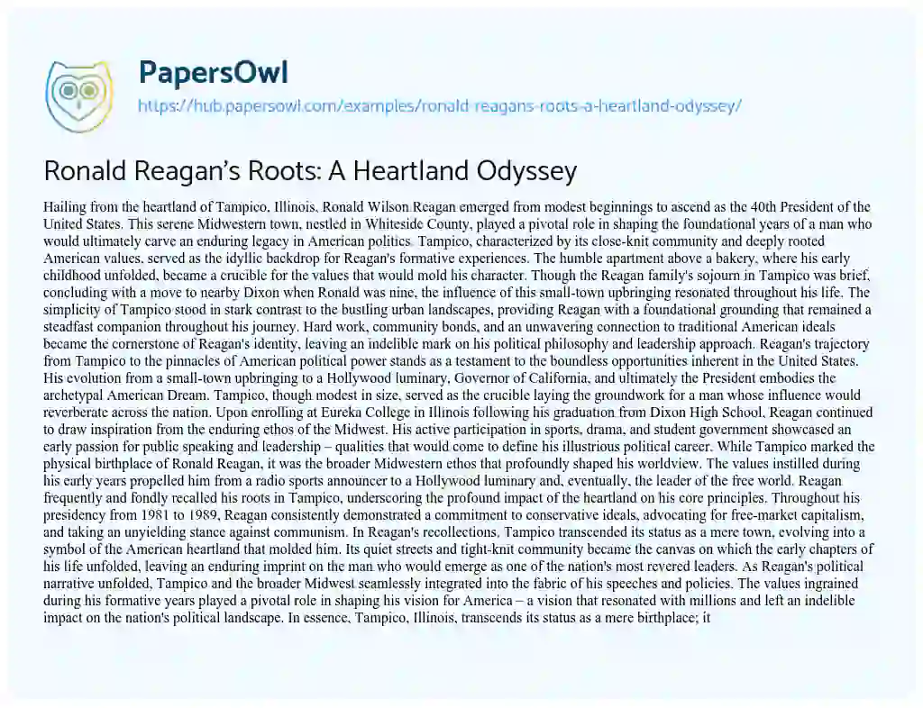 Essay on Ronald Reagan’s Roots: A Heartland Odyssey