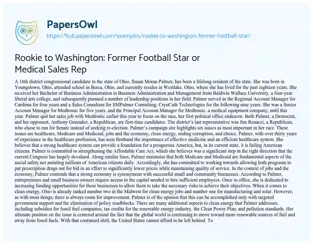 Essay on Rookie to Washington: Former Football Star or Medical Sales Rep