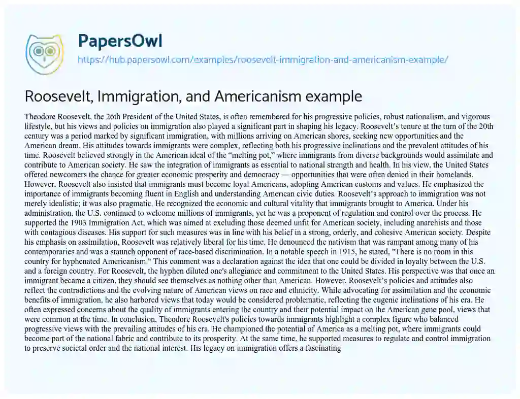 Essay on Roosevelt, Immigration, and Americanism example