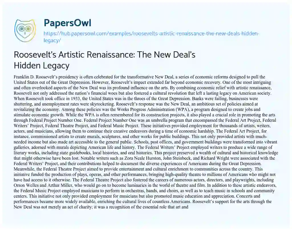Essay on Roosevelt’s Artistic Renaissance: The New Deal’s Hidden Legacy