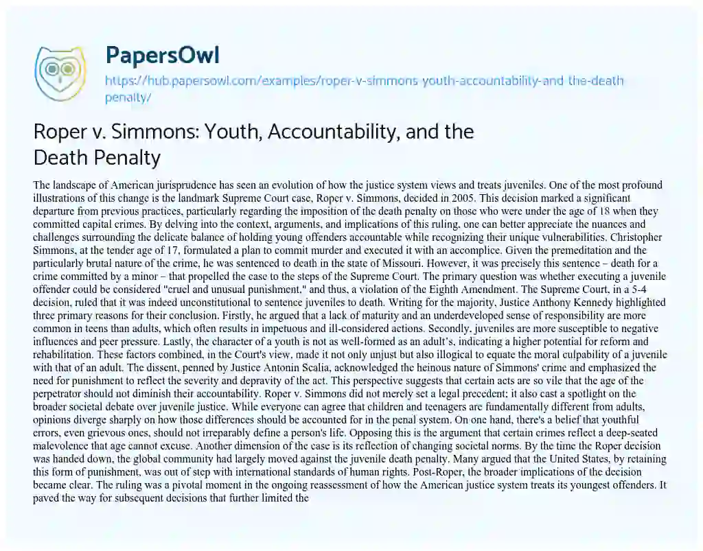 Essay on Roper v. Simmons: Youth, Accountability, and the Death Penalty