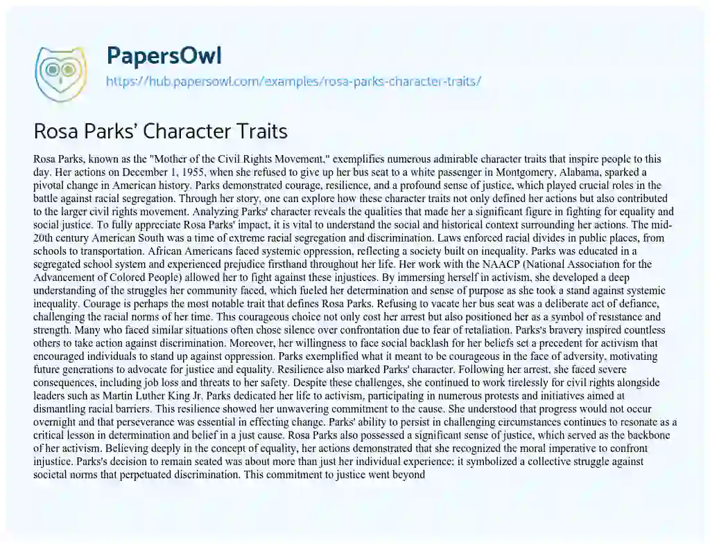 Essay on Rosa Parks’ Character Traits