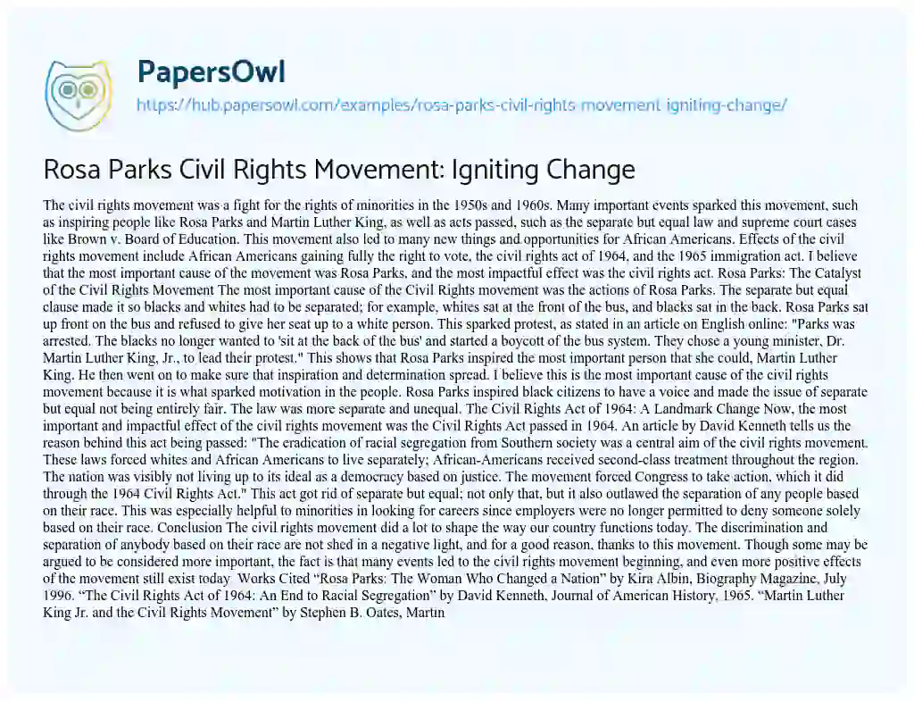 Essay on Rosa Parks Civil Rights Movement: Igniting Change