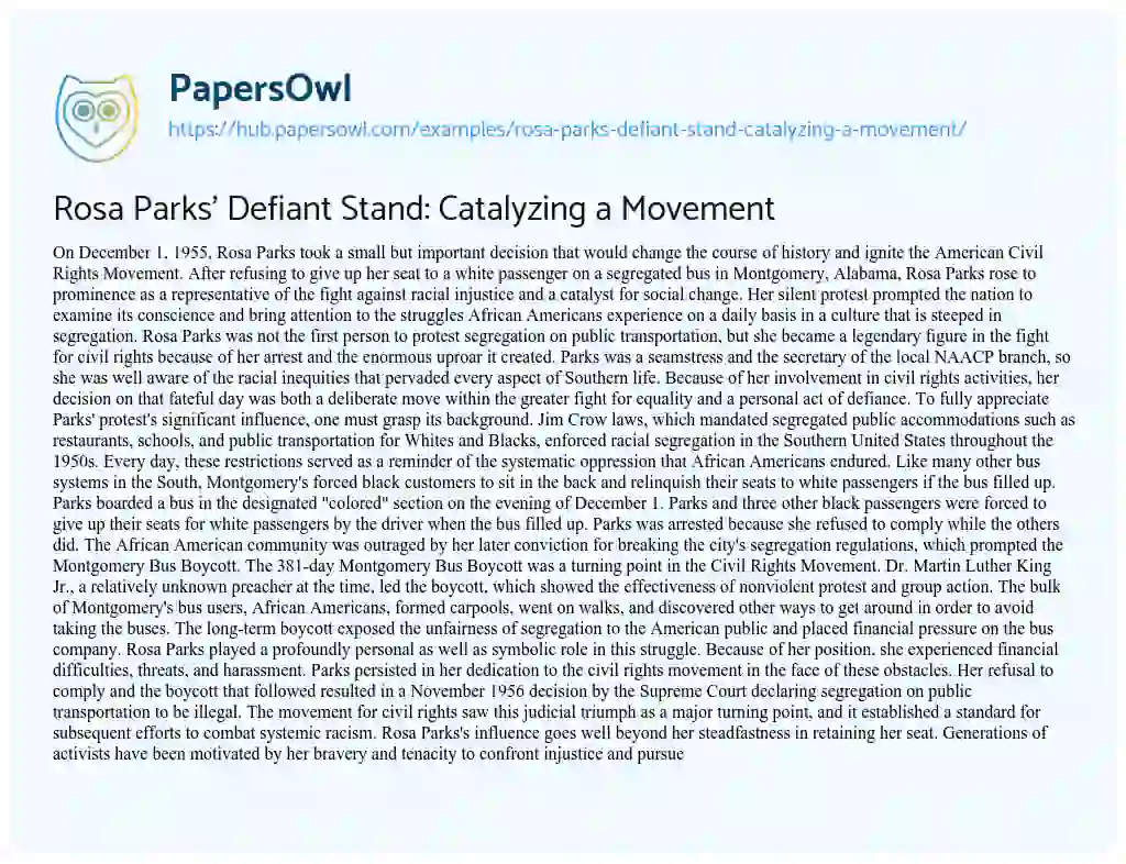 Essay on Rosa Parks’ Defiant Stand: Catalyzing a Movement