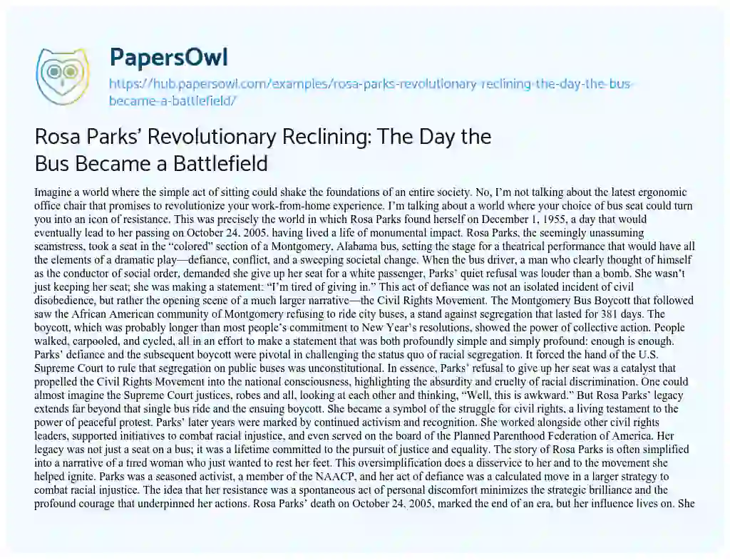 Essay on Rosa Parks’ Revolutionary Reclining: The Day the Bus Became a Battlefield