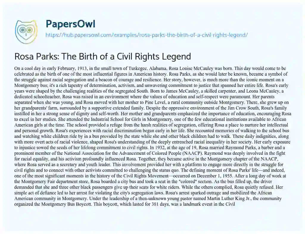 Essay on Rosa Parks: The Birth of a Civil Rights Legend