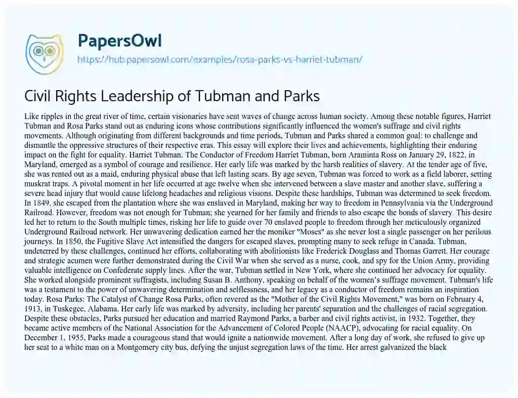 Essay on Civil Rights Leadership of Tubman and Parks