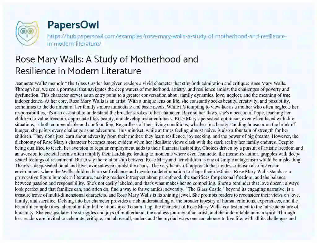 Essay on Rose Mary Walls: A Study of Motherhood and Resilience in Modern Literature