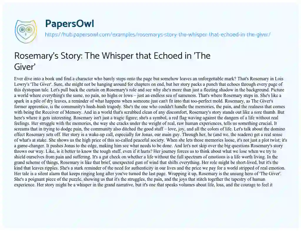 Essay on Rosemary’s Story: The Whisper that Echoed in ‘The Giver’