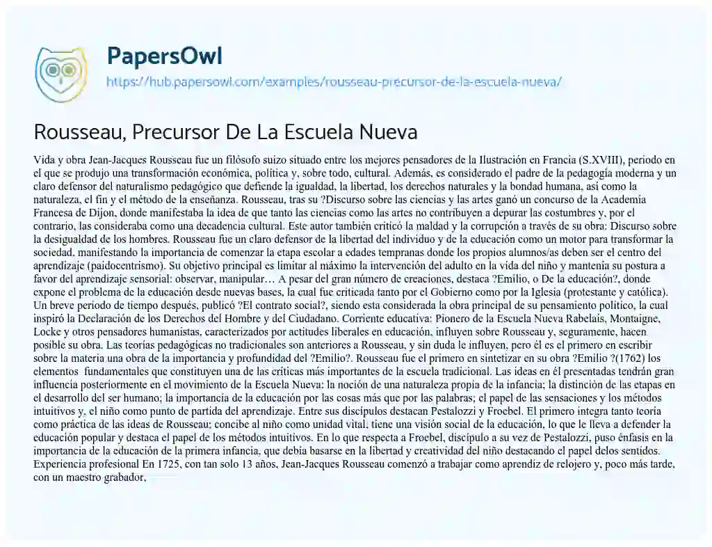 Essay on Rousseau, Precursor De La Escuela Nueva