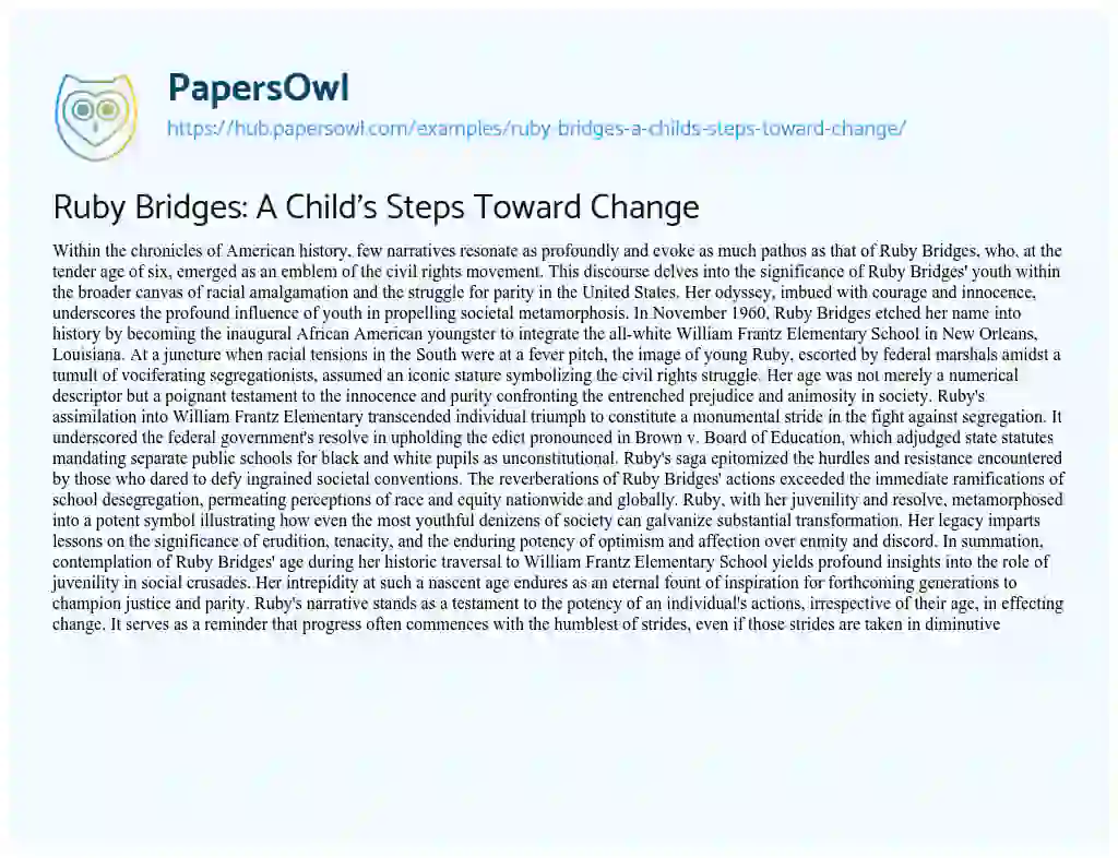 Essay on Ruby Bridges: A Child’s Steps Toward Change