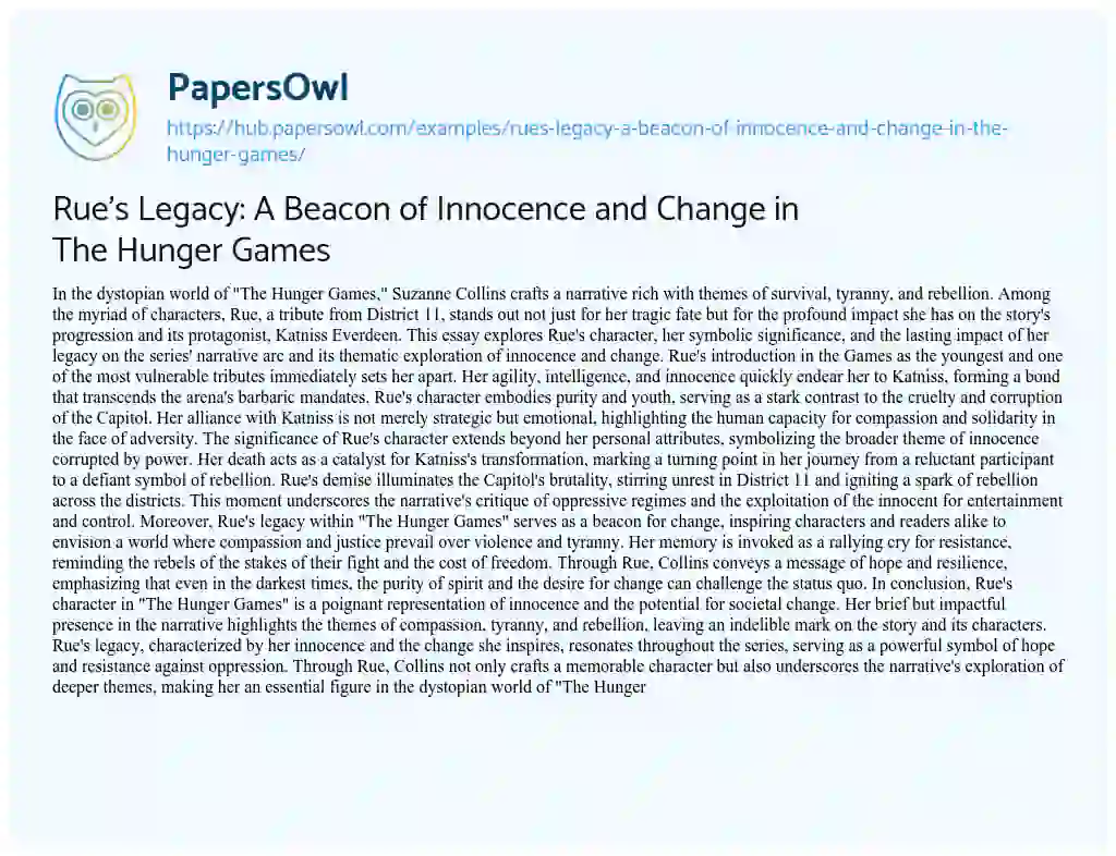 Essay on Rue’s Legacy: A Beacon of Innocence and Change in The Hunger Games