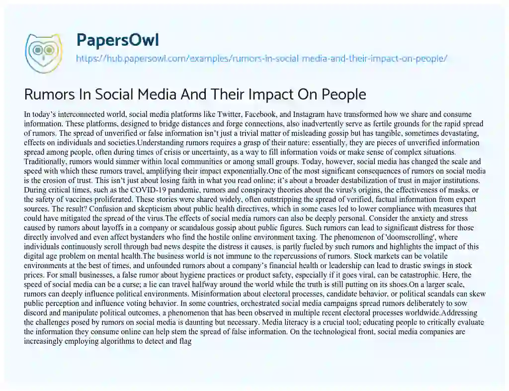 Essay on Rumors In Social Media And Their Impact On People