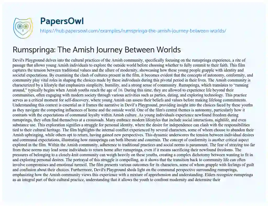 Essay on Rumspringa: The Amish Journey Between Worlds