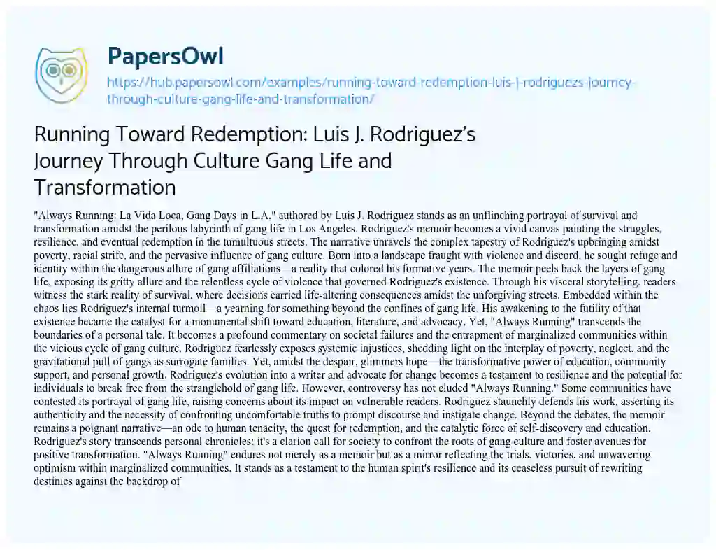 Essay on Running Toward Redemption: Luis J. Rodriguez’s Journey Through Culture Gang Life and Transformation
