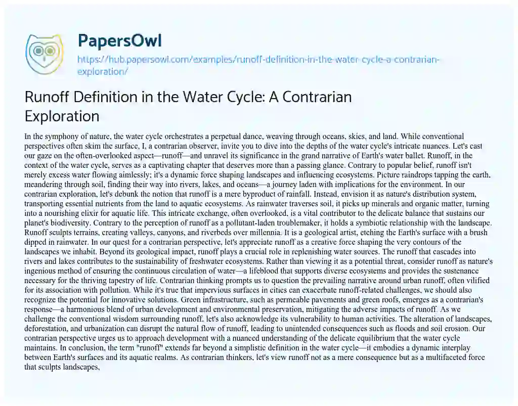 Essay on Runoff Definition in the Water Cycle: A Contrarian Exploration
