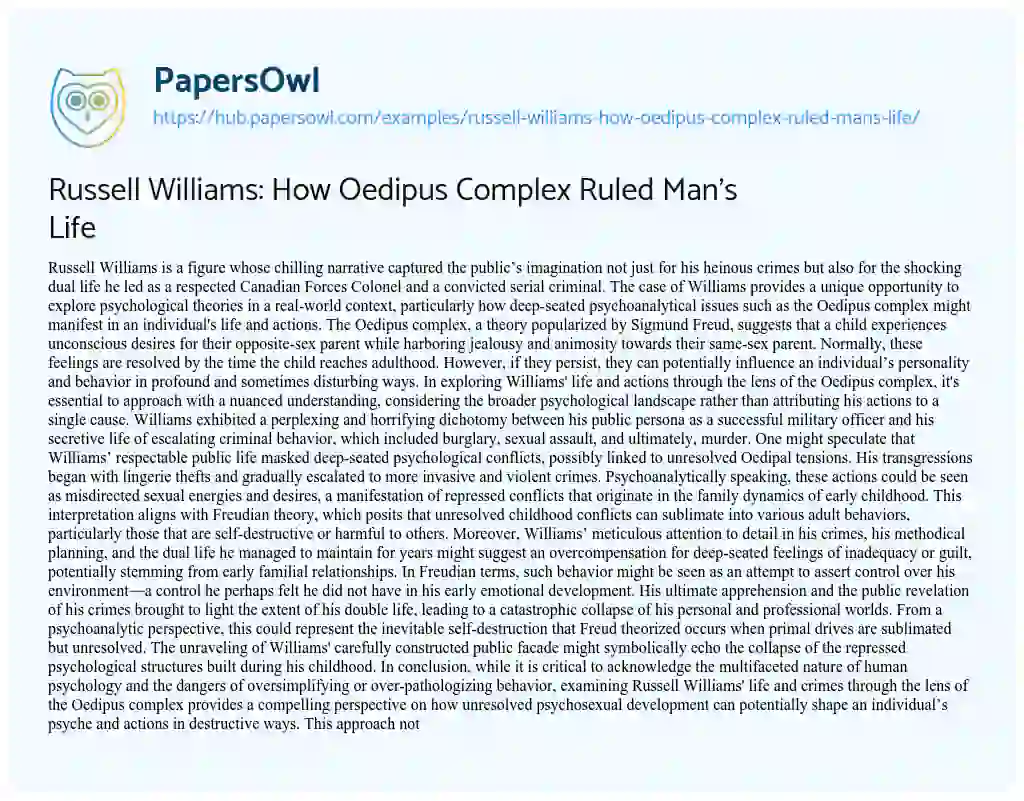 Essay on Russell Williams: How Oedipus Complex Ruled Man’s Life