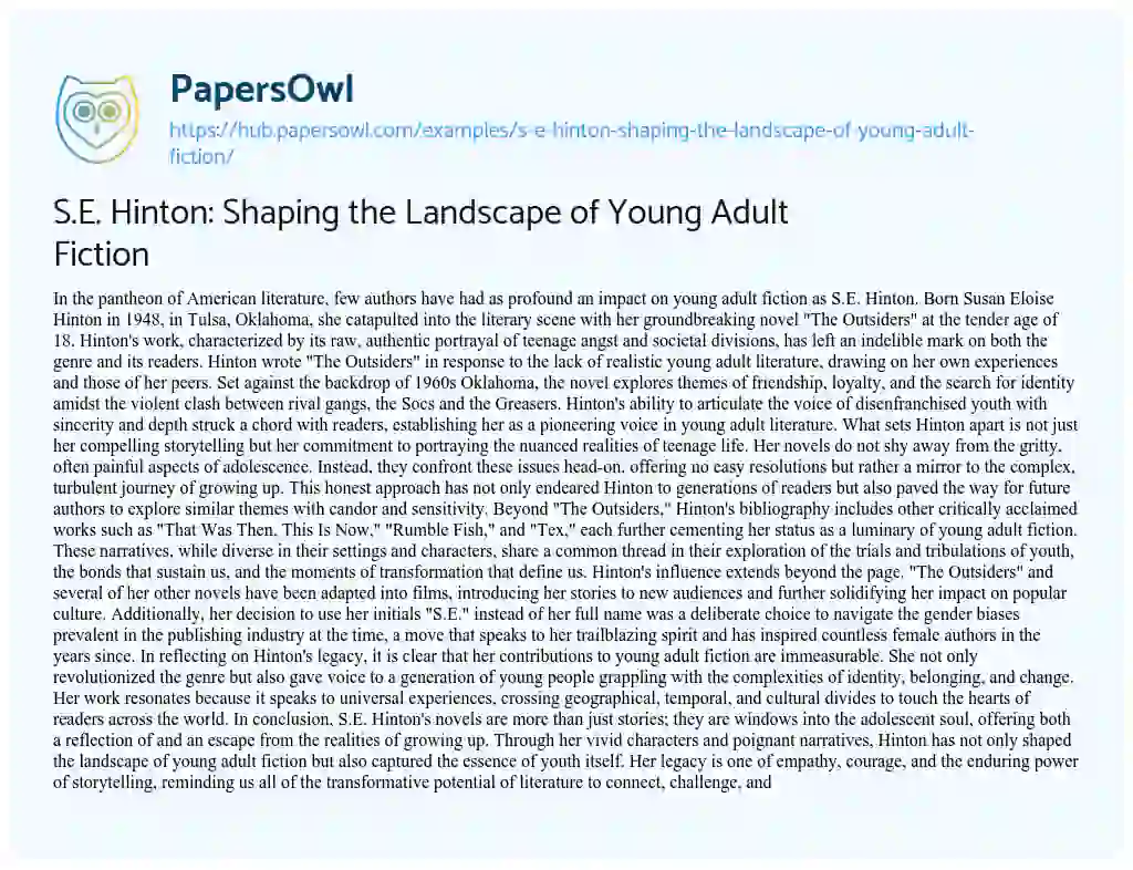 Essay on S.E. Hinton: Shaping the Landscape of Young Adult Fiction