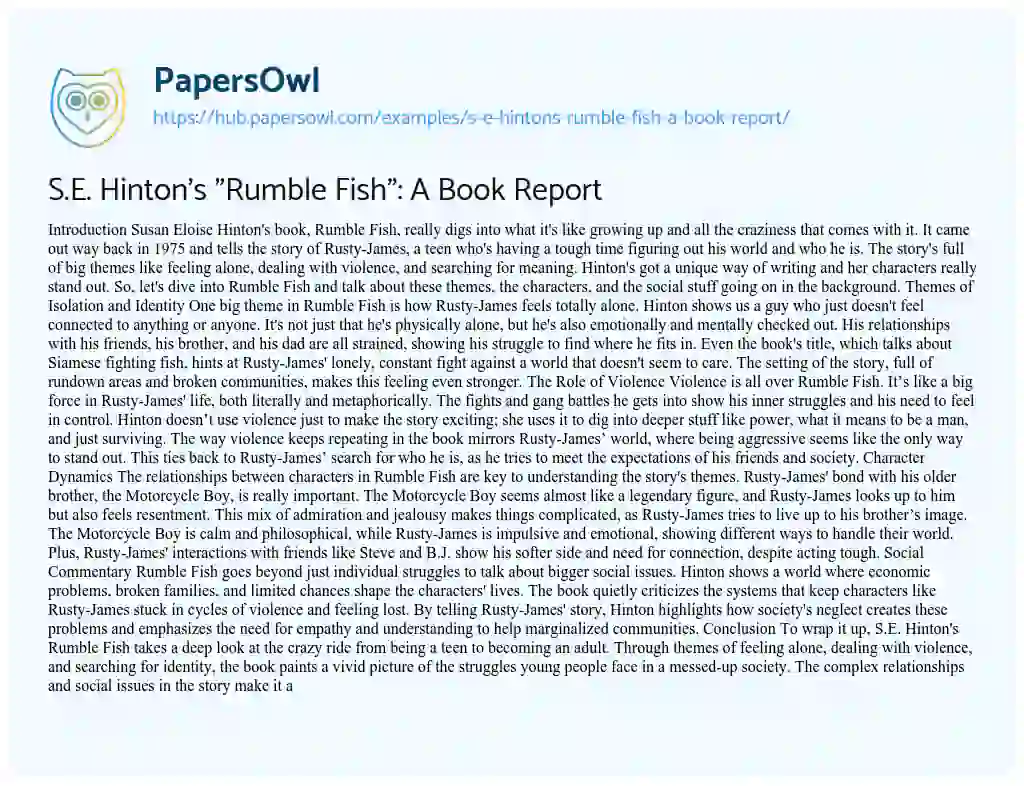 Essay on S.E. Hinton’s “Rumble Fish”: A Book Report