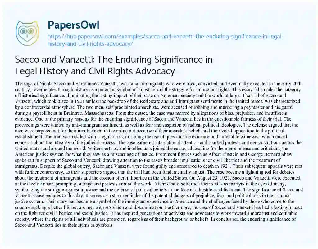 Essay on Sacco and Vanzetti: The Enduring Significance in Legal History and Civil Rights Advocacy