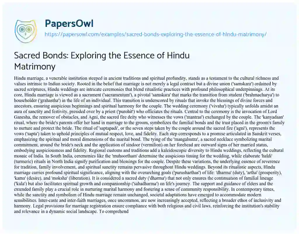 Essay on Sacred Bonds: Exploring the Essence of Hindu Matrimony