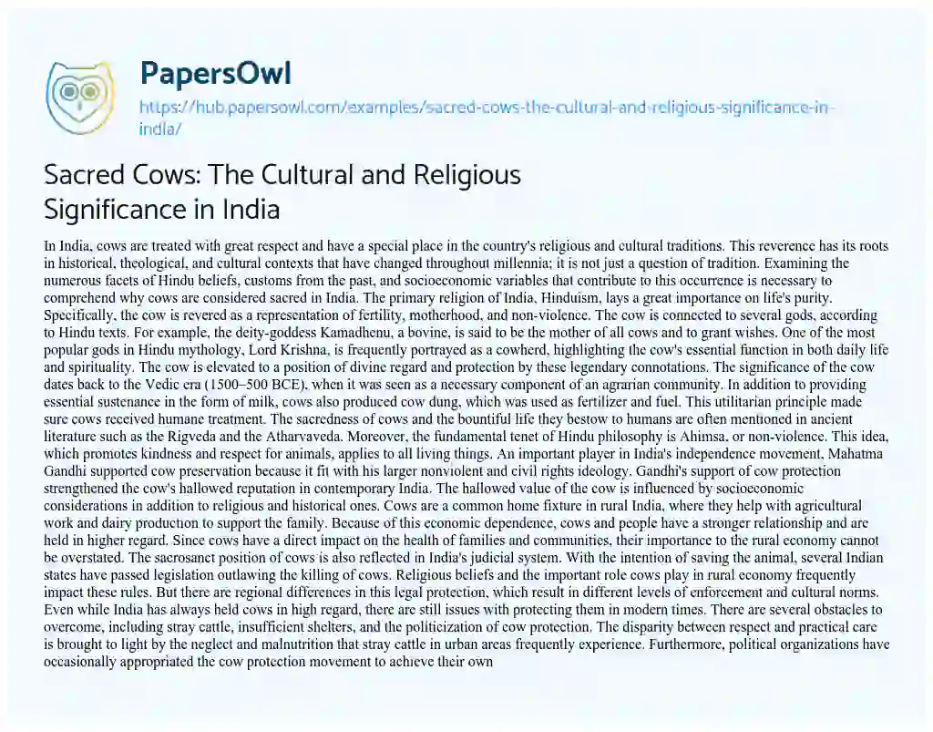 Essay on Sacred Cows: The Cultural and Religious Significance in India