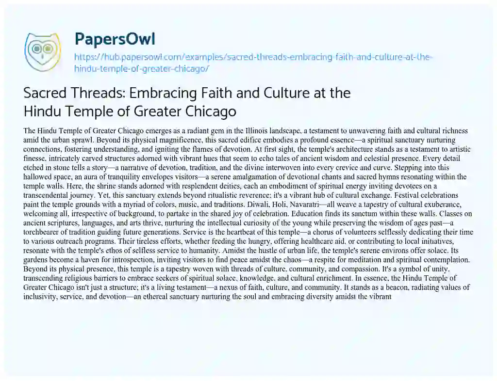 Essay on Sacred Threads: Embracing Faith and Culture at the Hindu Temple of Greater Chicago
