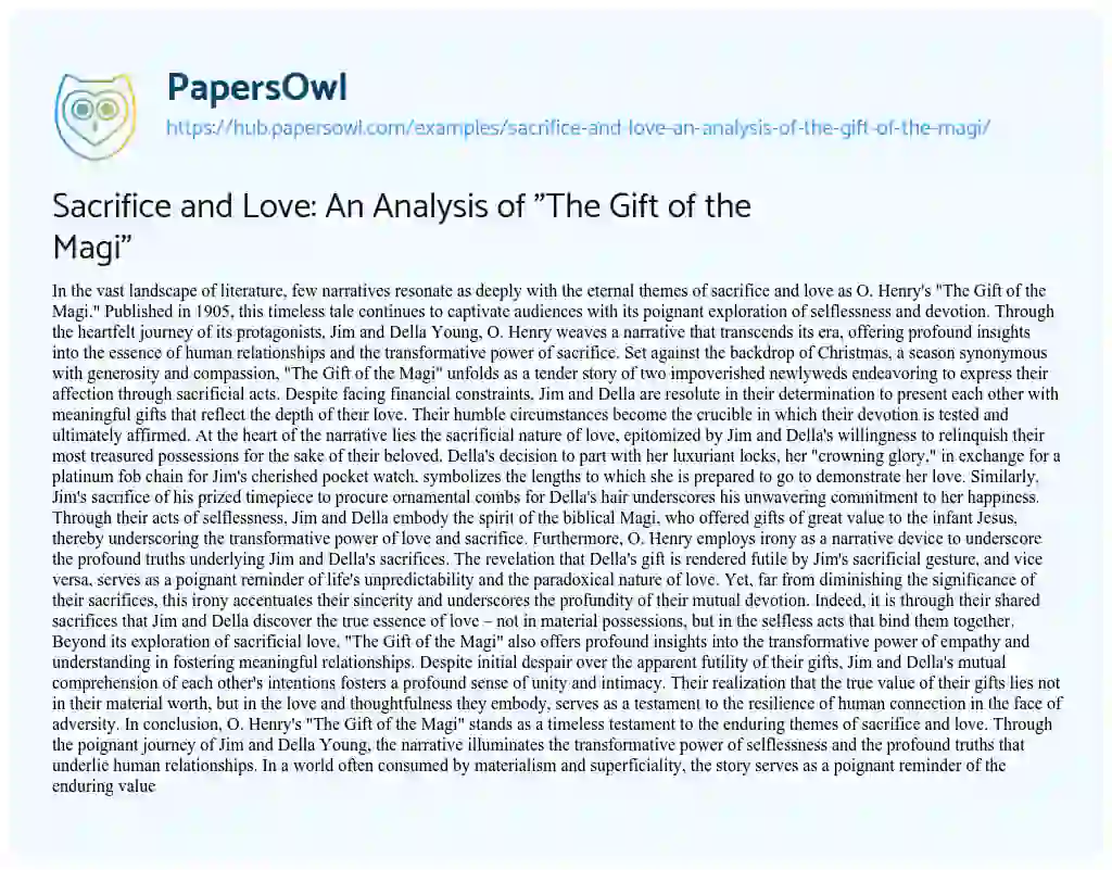 Essay on Sacrifice and Love: An Analysis of “The Gift of the Magi”