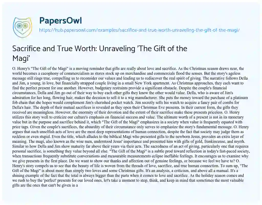 Essay on Sacrifice and True Worth: Unraveling ‘The Gift of the Magi’