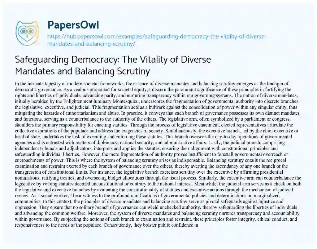 Essay on Safeguarding Democracy: The Vitality of Diverse Mandates and Balancing Scrutiny
