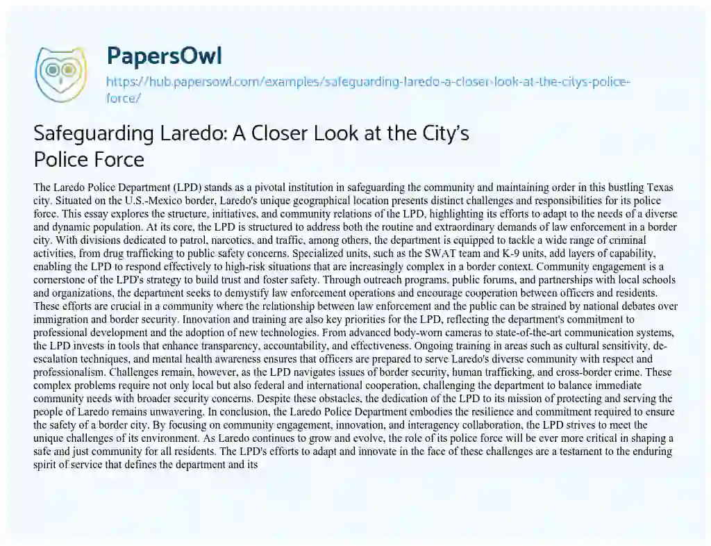 Essay on Safeguarding Laredo: A Closer Look at the City’s Police Force