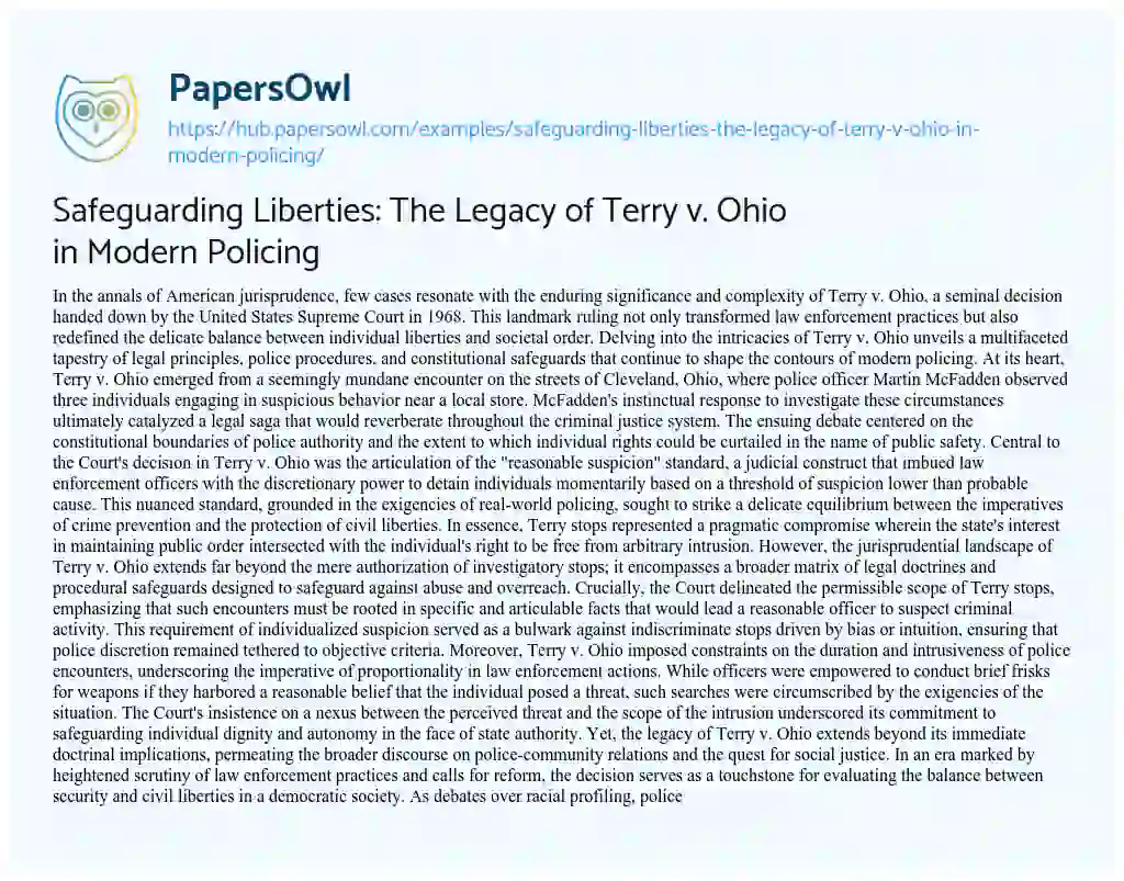 Essay on Safeguarding Liberties: The Legacy of Terry v. Ohio in Modern Policing