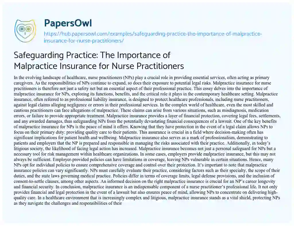 Essay on Safeguarding Practice: The Importance of Malpractice Insurance for Nurse Practitioners