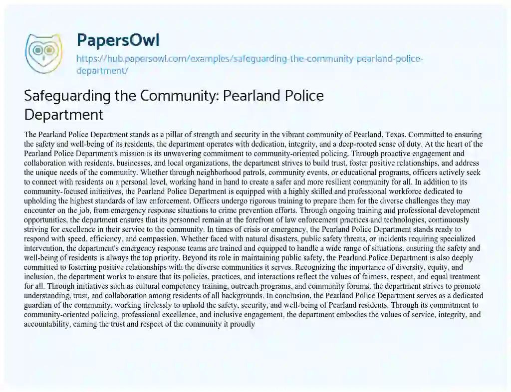 Essay on Safeguarding the Community: Pearland Police Department
