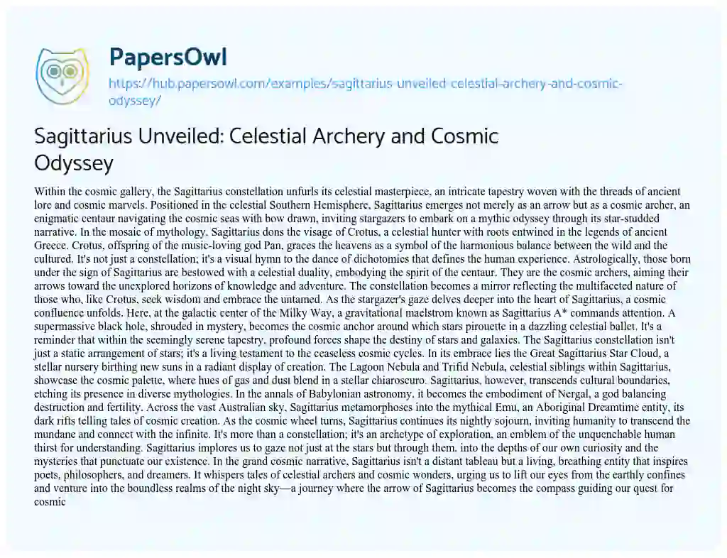 Essay on Sagittarius Unveiled: Celestial Archery and Cosmic Odyssey