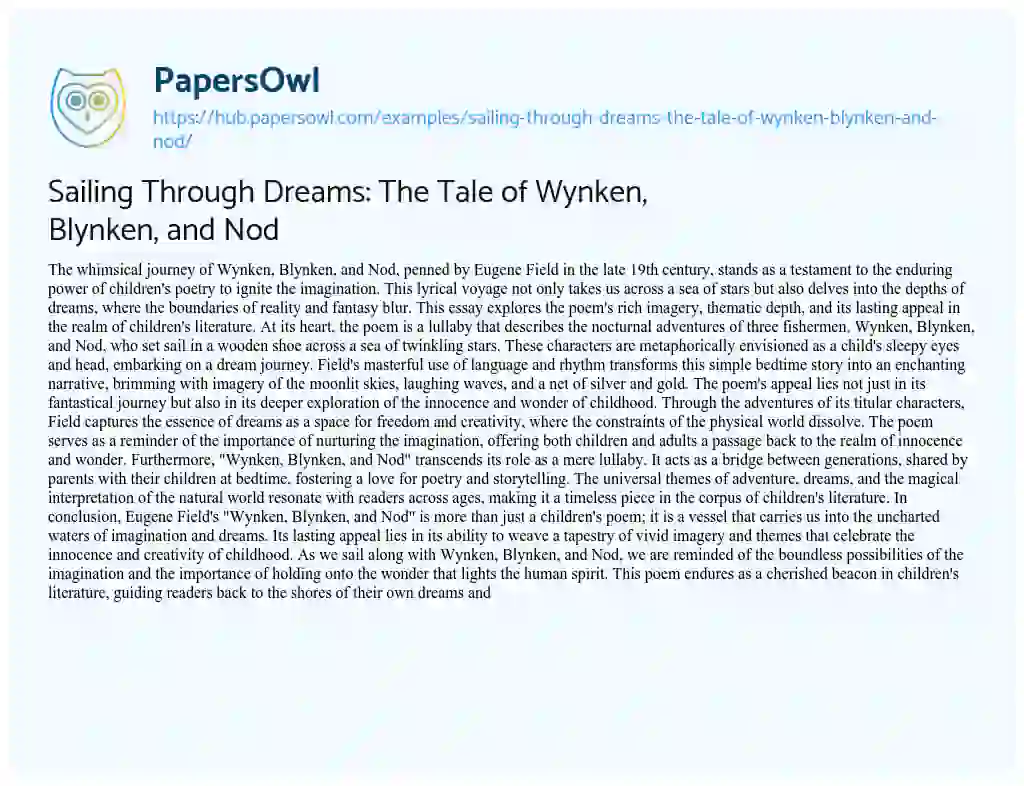Essay on Sailing Through Dreams: The Tale of Wynken, Blynken, and Nod