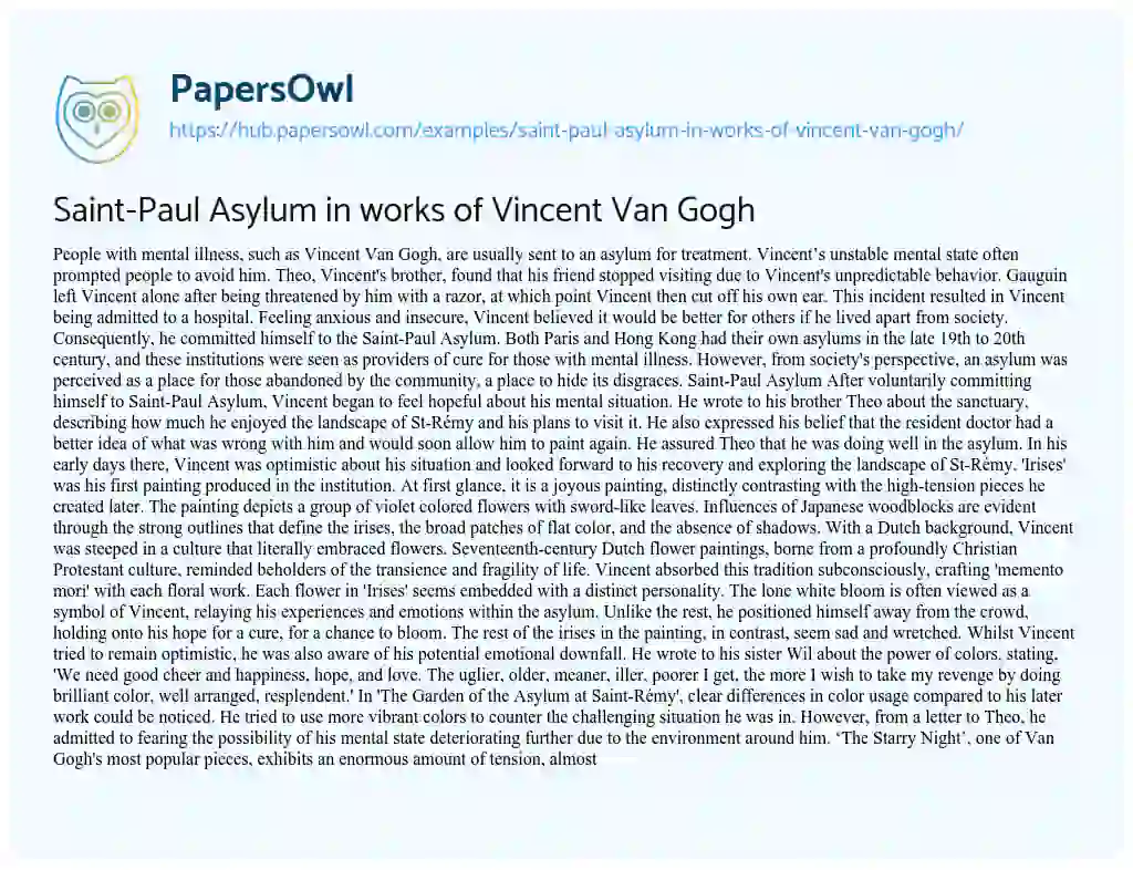 Essay on Saint-Paul Asylum in works of Vincent Van Gogh