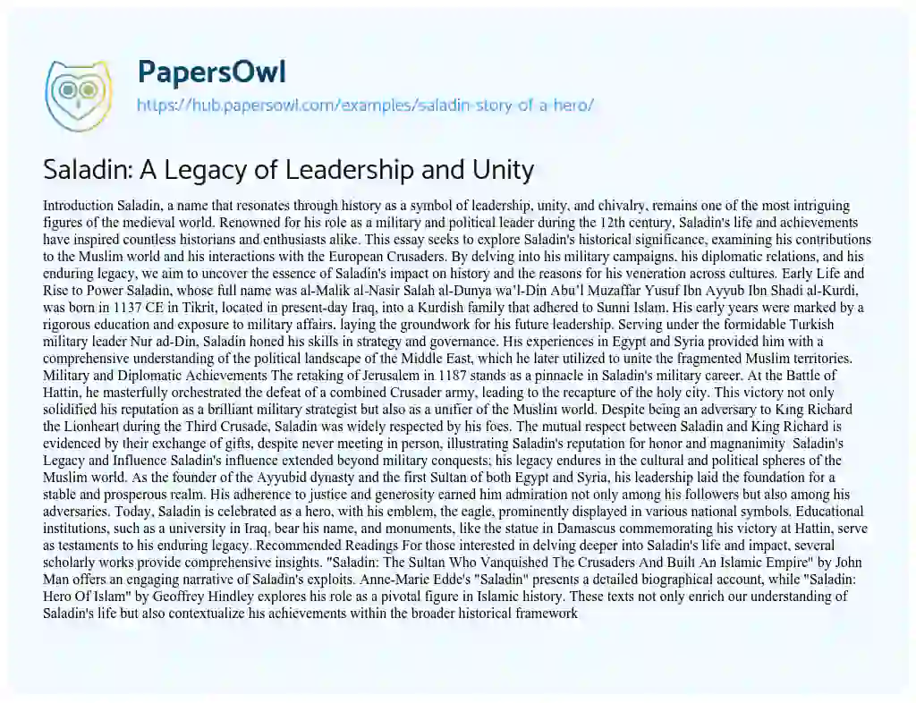 Essay on Saladin: A Legacy of Leadership and Unity
