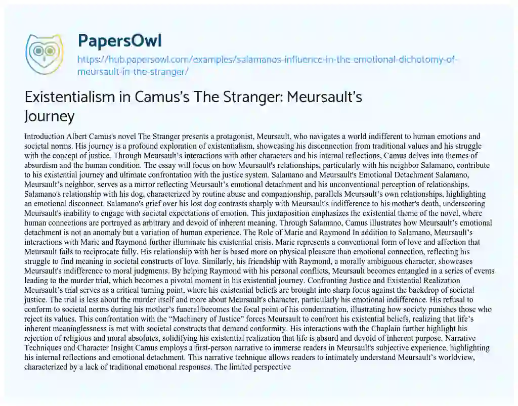 Essay on Existentialism in Camus’s The Stranger: Meursault’s Journey